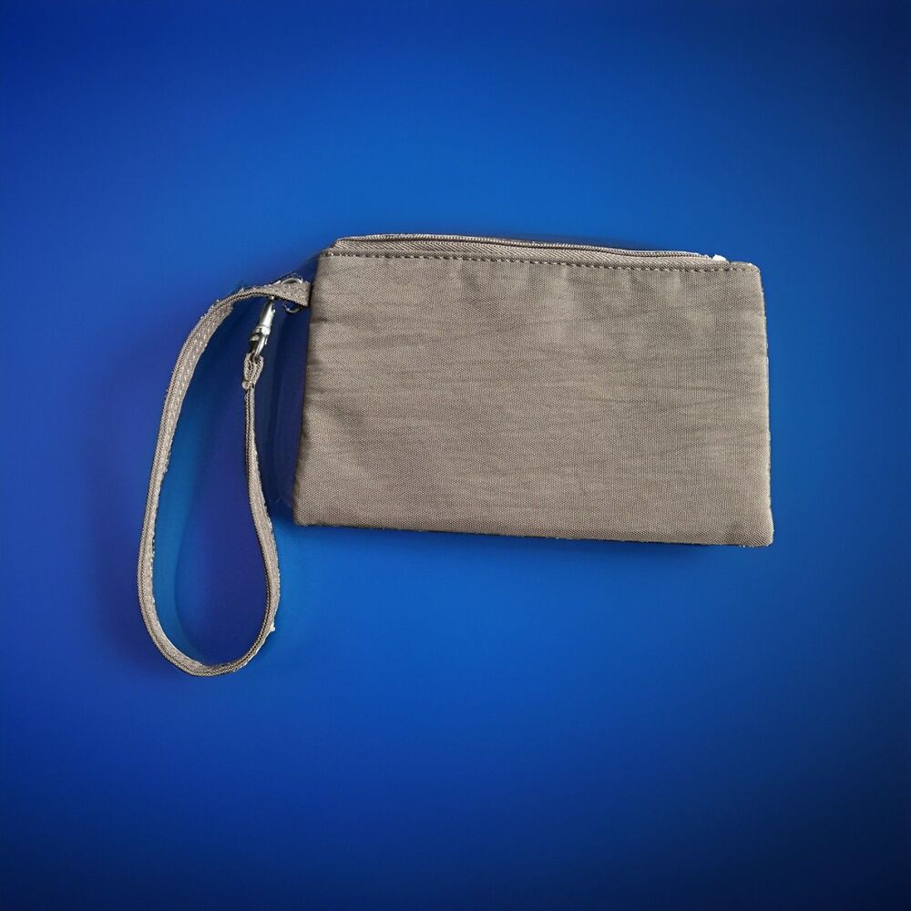 Light Brown Nylon RFID Wristlet Clutch Pouch Yellow Interior EUC